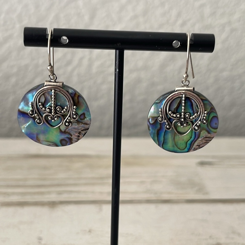 Suarti Abalone Disc Drop Earrings Sterling Silver - Picture 2 of 5